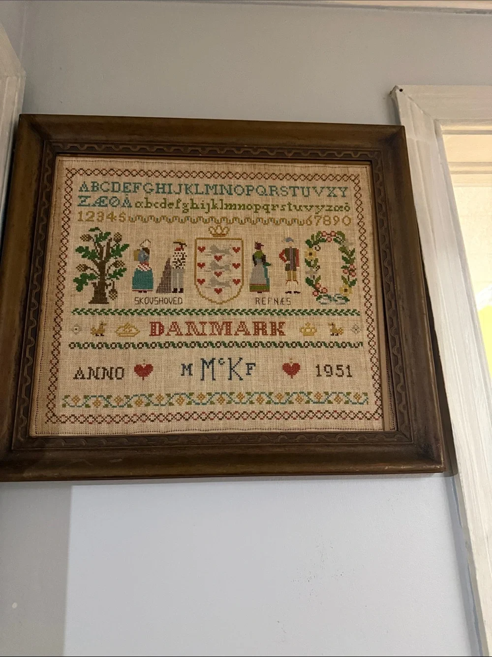 Antique Framed Denmark Cross Stitch Sampler 1951